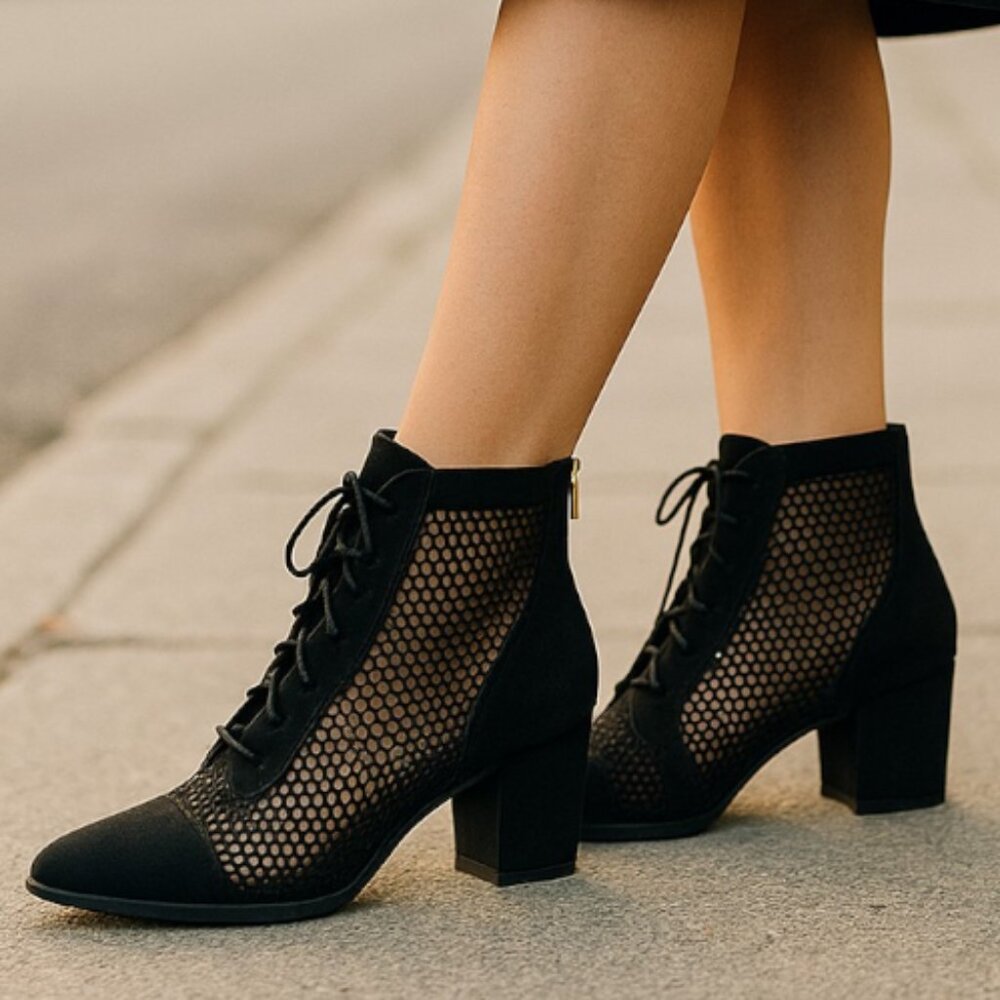 BAMBOO -- Ankle Boots, Black Mesh with Back Zip and Faux Lace Front